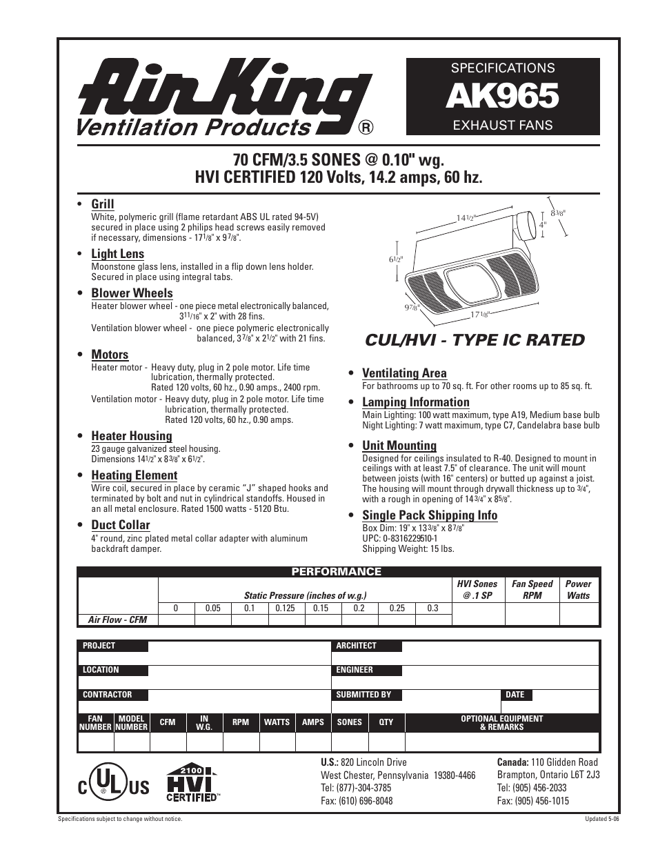 Air King EXHAUST FANS AK965 User Manual | 1 page