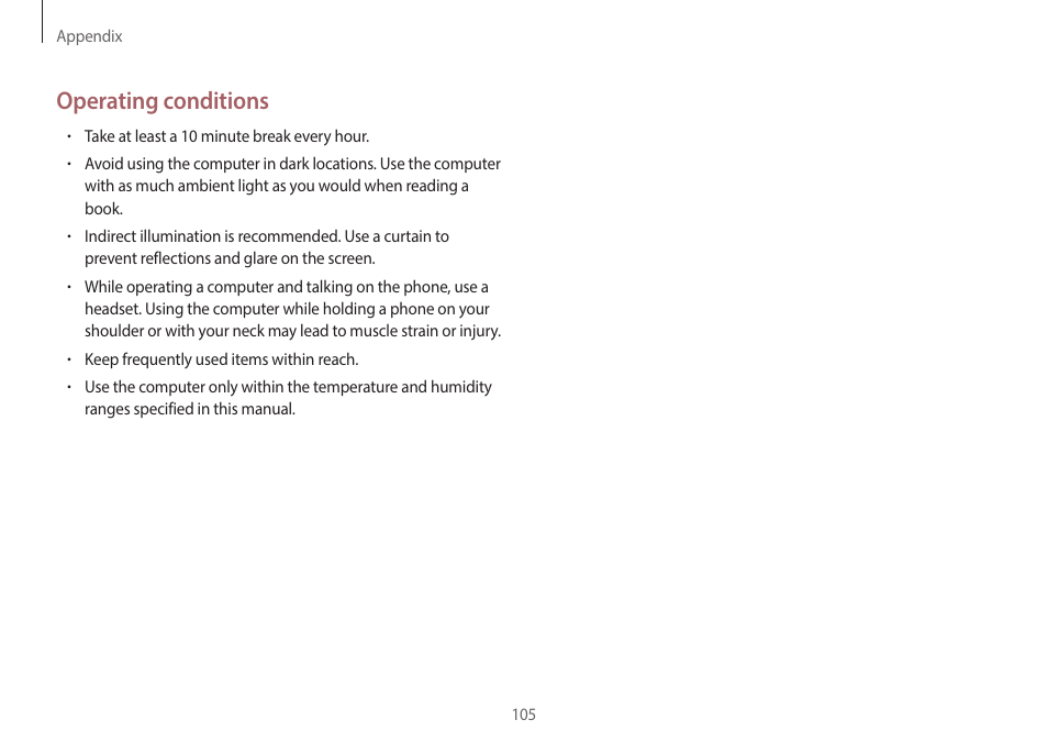 Operating conditions | Samsung NP940X3G-S02US User Manual | Page 105 / 149