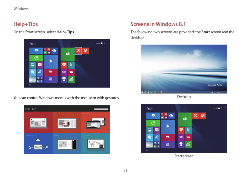 Help+tips, Screens in windows 8.1 | Samsung NP940X3G-S02US User Manual | Page 21 / 149