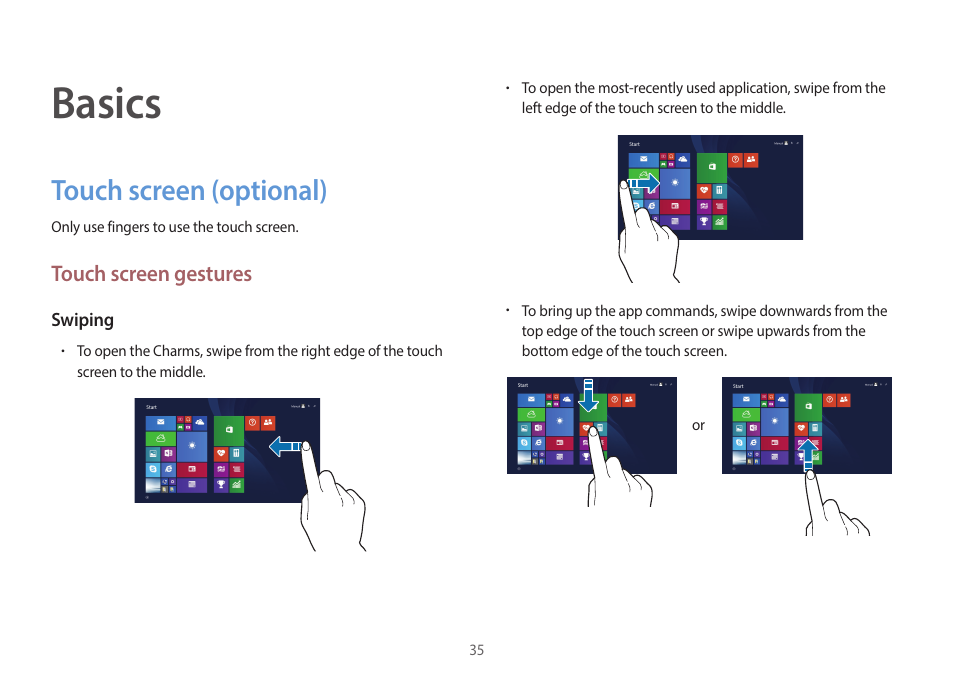 Basics, Touch screen (optional), 35 touch screen (optional) | Touch screen gestures | Samsung NP940X3G-S02US User Manual | Page 35 / 149