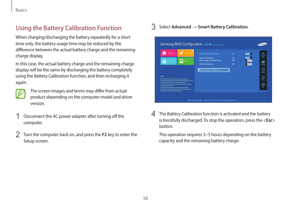 Using the battery calibration function | Samsung NP940X3G-S02US User Manual | Page 58 / 149
