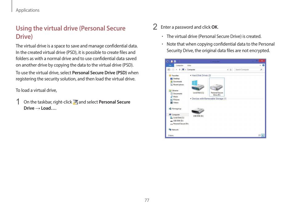 Using the virtual drive (personal secure drive) | Samsung NP940X3G-S02US User Manual | Page 77 / 149