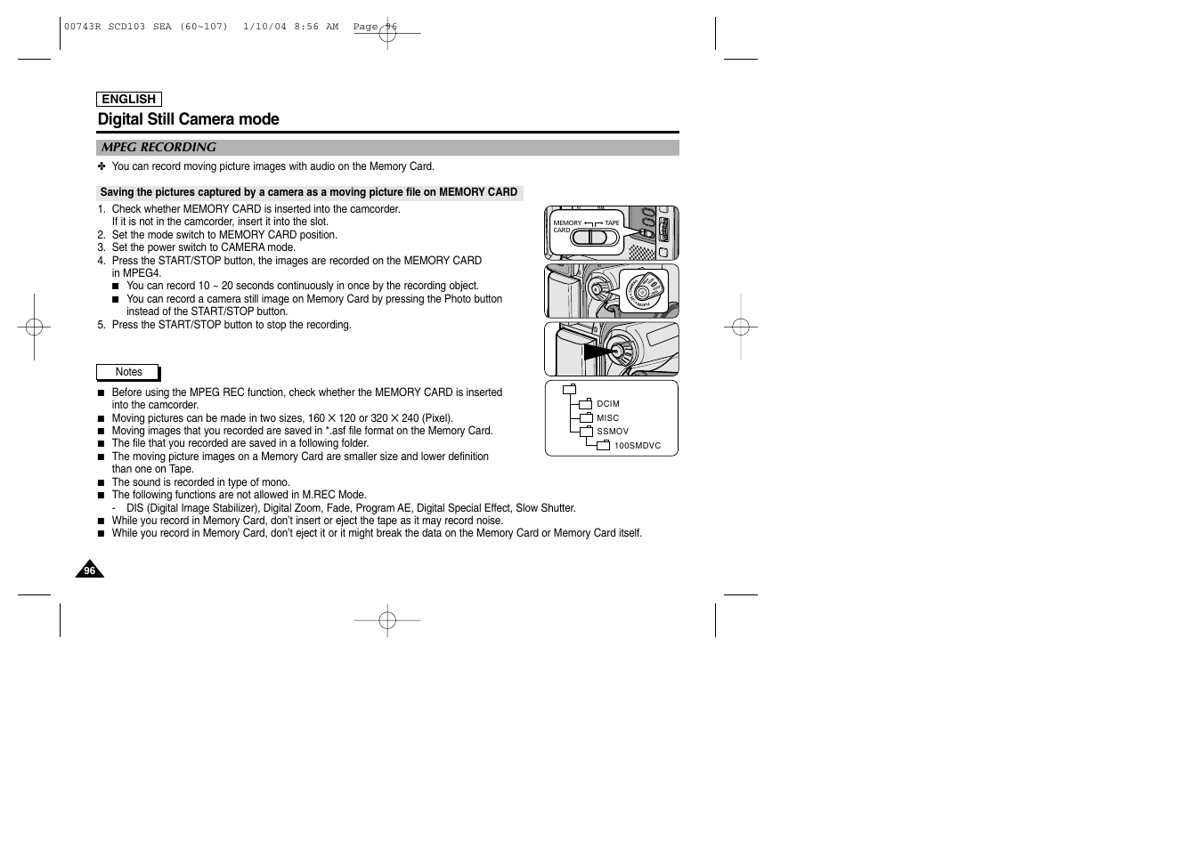 Digital still camera mode | Samsung SC-D103-XAC User Manual | Page 100 / 112