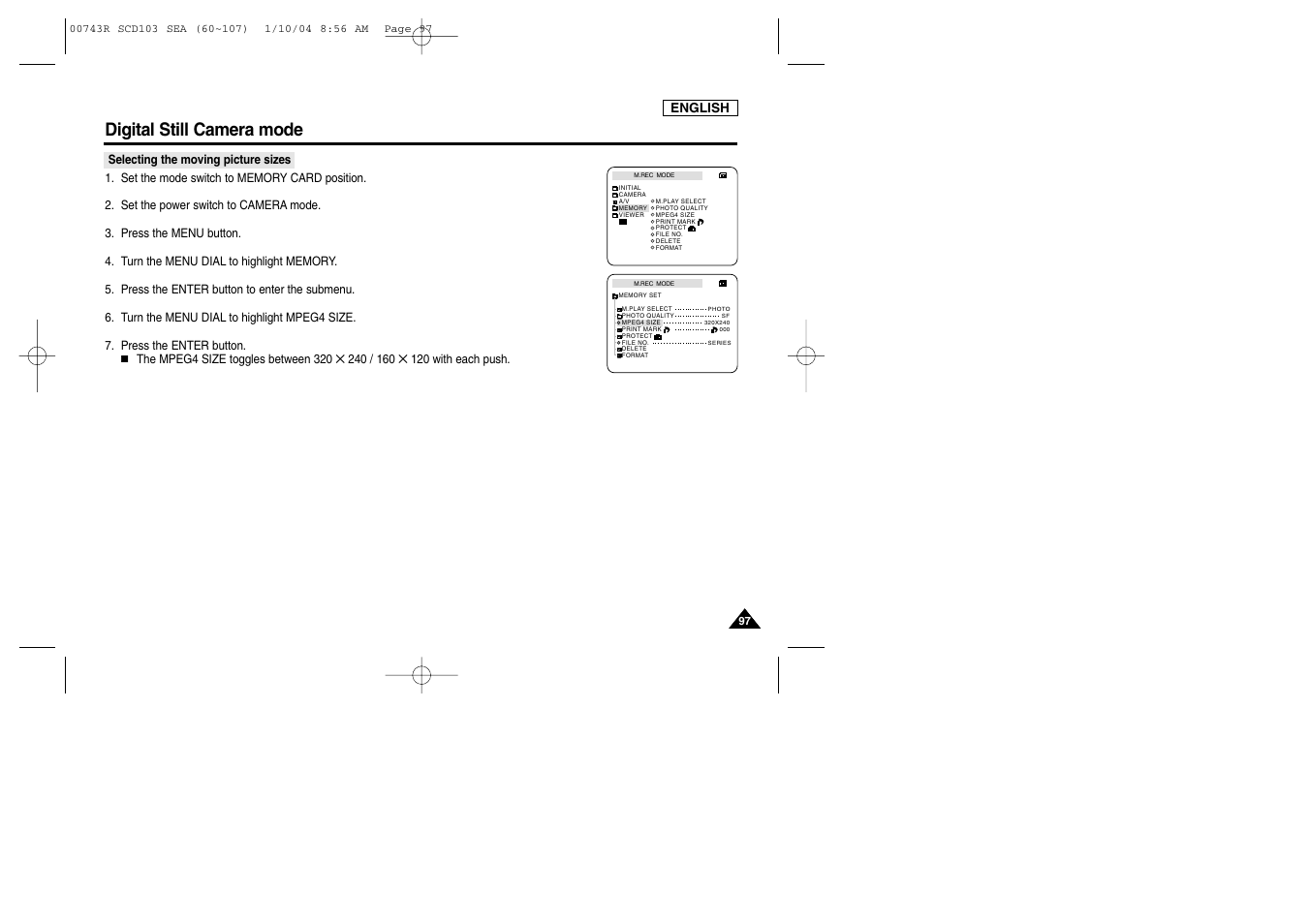 Digital still camera mode | Samsung SC-D103-XAC User Manual | Page 101 / 112