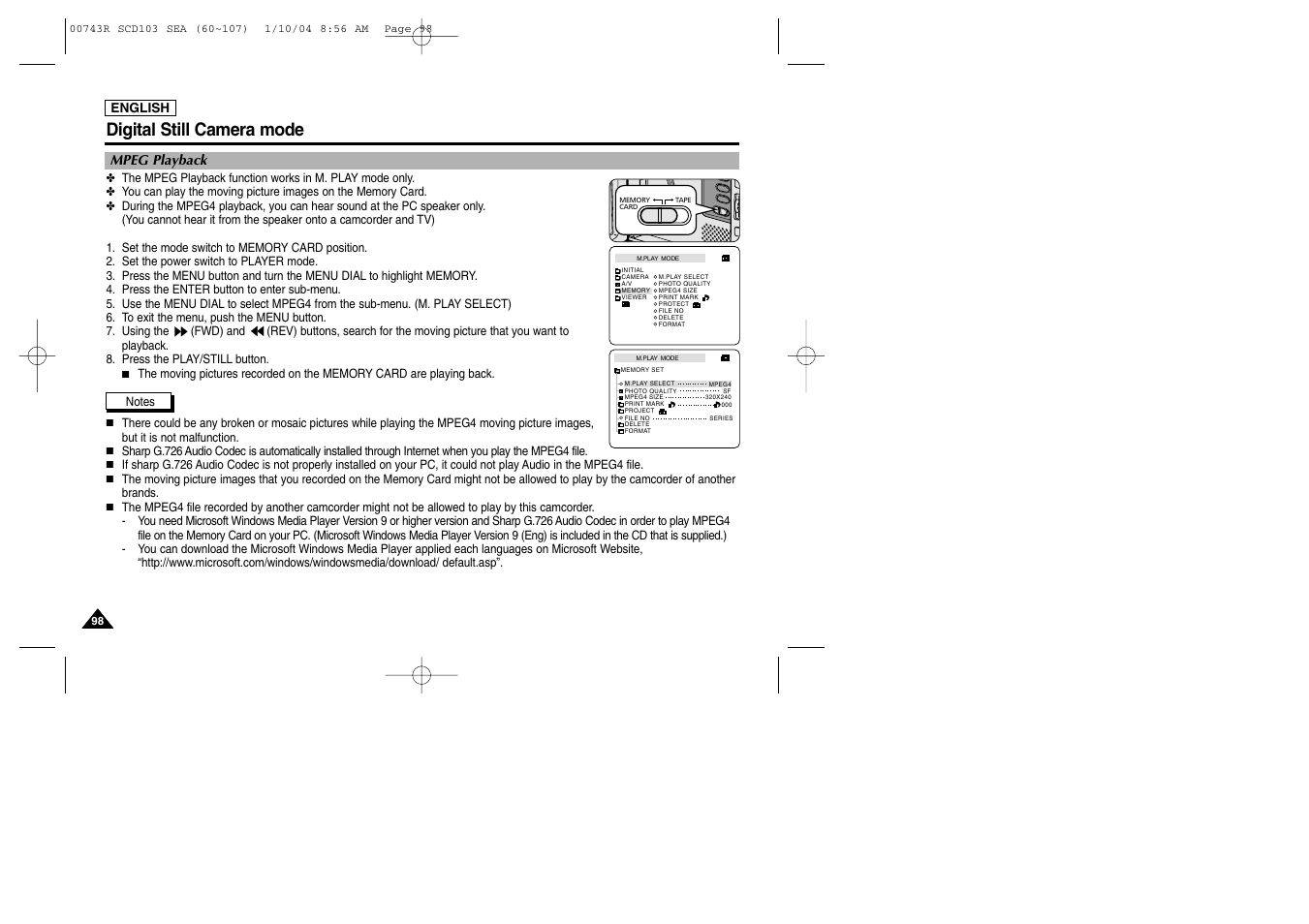 Digital still camera mode | Samsung SC-D103-XAC User Manual | Page 102 / 112