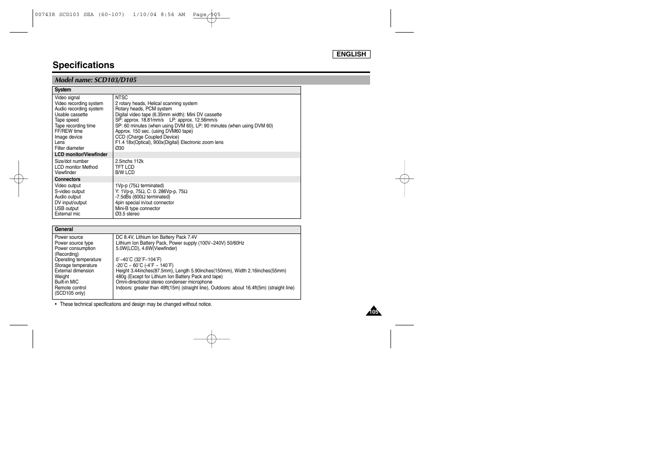 Specifications | Samsung SC-D103-XAC User Manual | Page 109 / 112