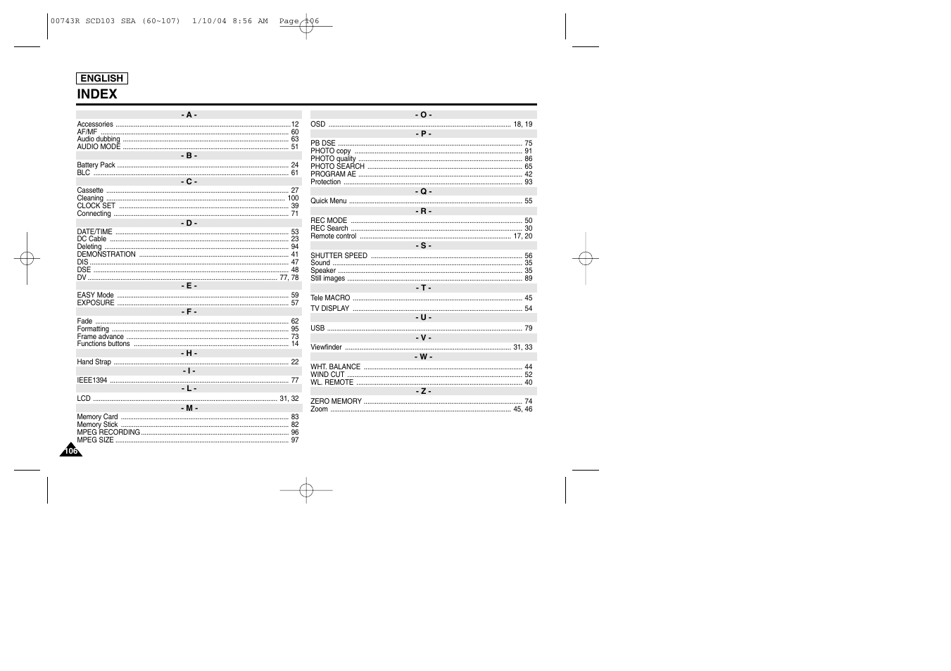 Index | Samsung SC-D103-XAC User Manual | Page 110 / 112