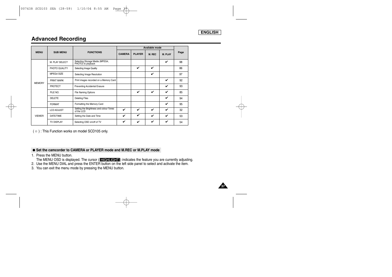 Advanced recording | Samsung SC-D103-XAC User Manual | Page 41 / 112