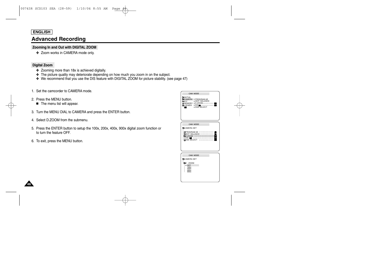 Advanced recording | Samsung SC-D103-XAC User Manual | Page 50 / 112