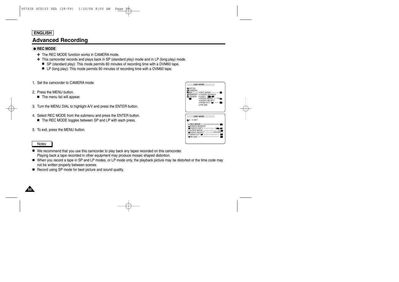 Advanced recording | Samsung SC-D103-XAC User Manual | Page 54 / 112