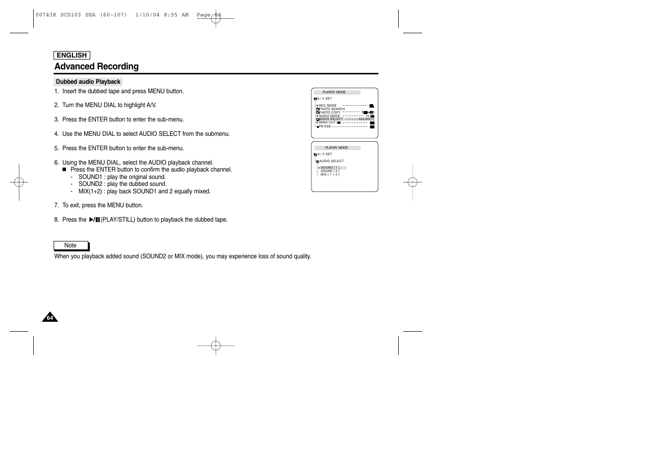 Advanced recording | Samsung SC-D103-XAC User Manual | Page 68 / 112