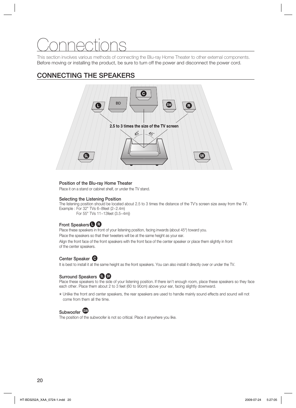 Connections, Connecting the speakers | Samsung HT-BD3252T-XAA User Manual | Page 20 / 103