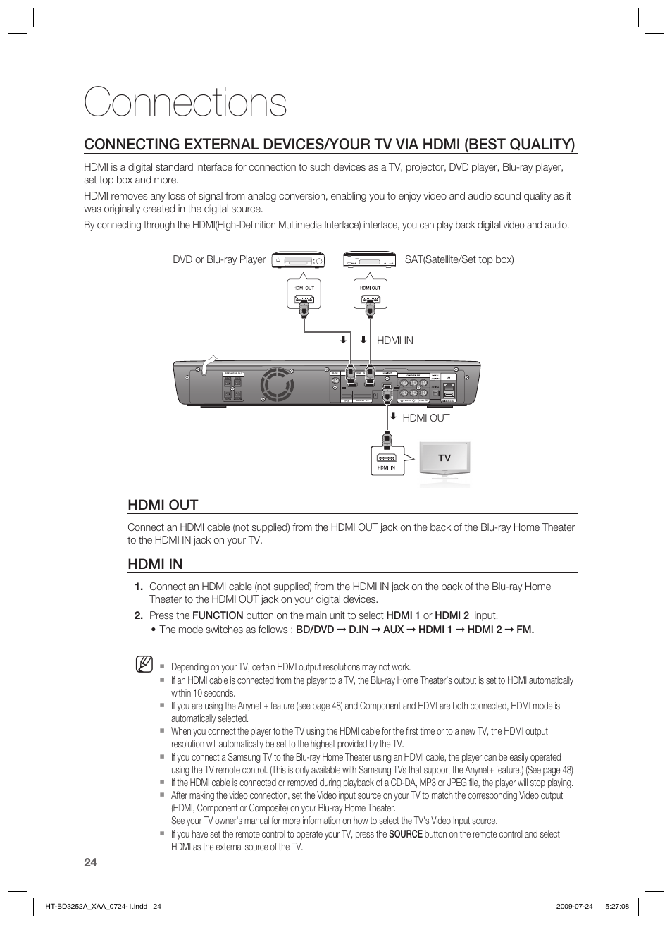 Connections, Hdmi out, Hdmi in | Samsung HT-BD3252T-XAA User Manual | Page 24 / 103