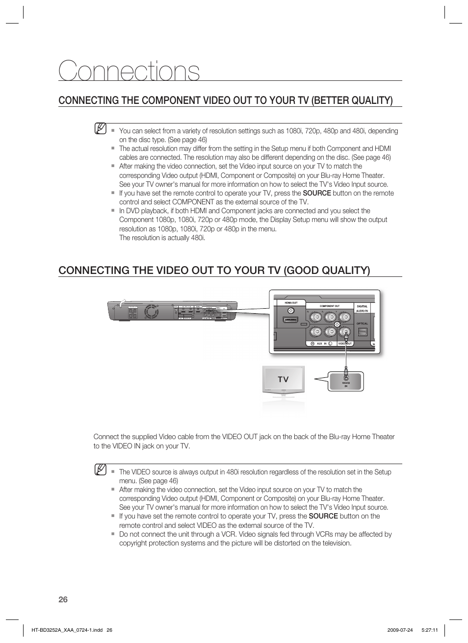 Connections, Connecting the video out to your tv (good quality) | Samsung HT-BD3252T-XAA User Manual | Page 26 / 103