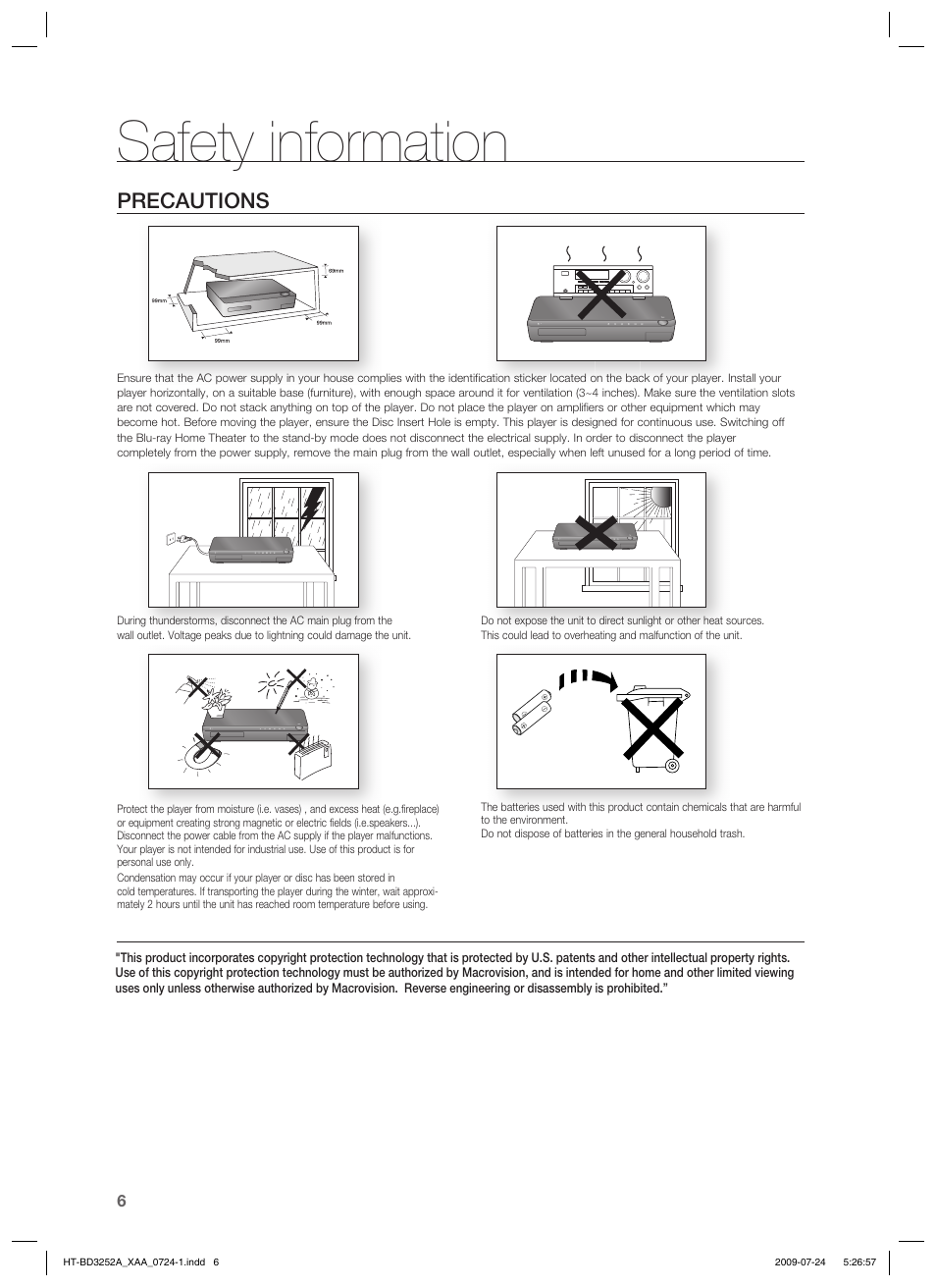Safety information, Precautions | Samsung HT-BD3252T-XAA User Manual | Page 6 / 103