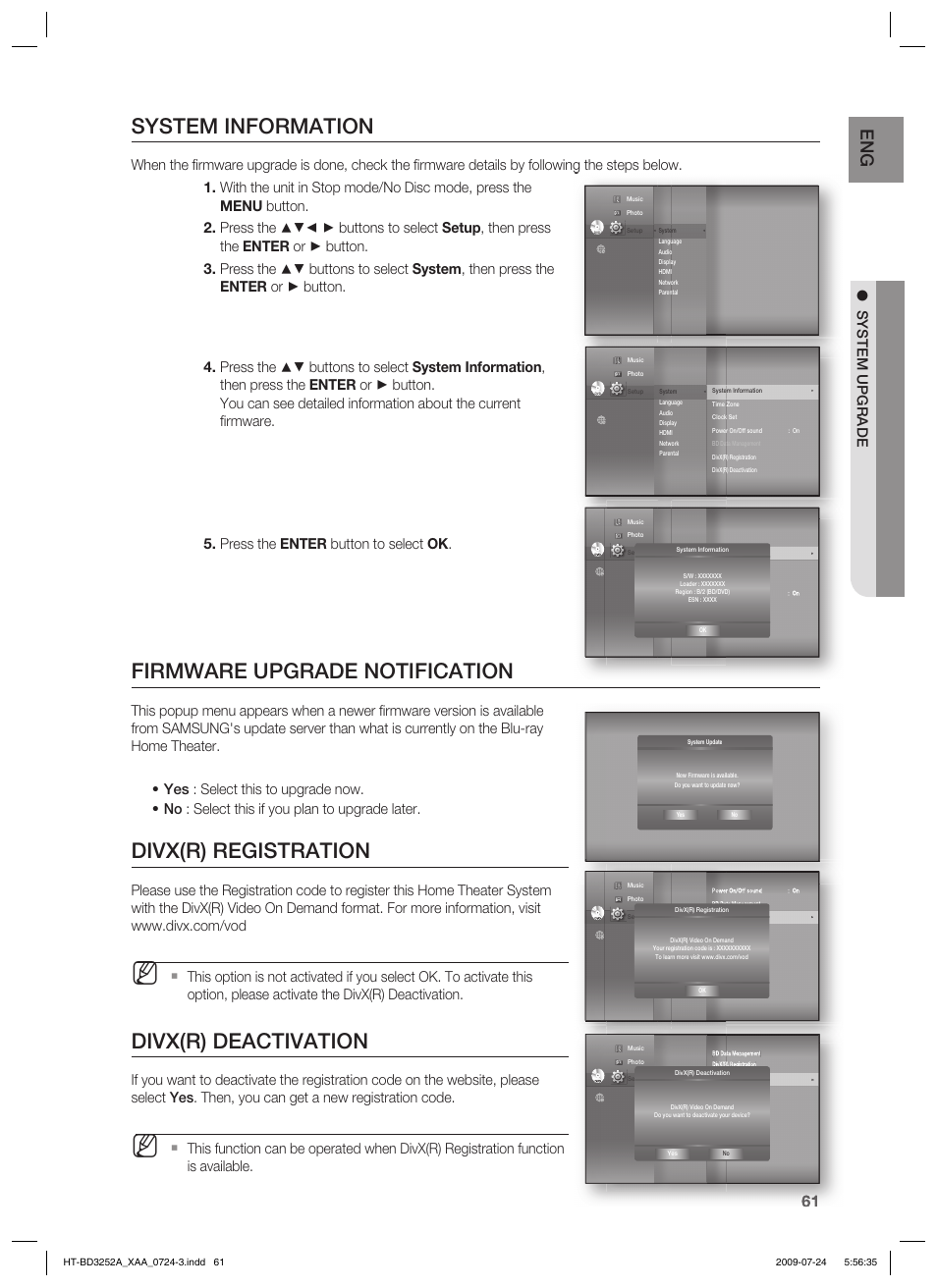 System information, Firmware upgrade notification, Divx(r) registration | Divx(r) deactivation, System upgrade | Samsung HT-BD3252T-XAA User Manual | Page 61 / 103