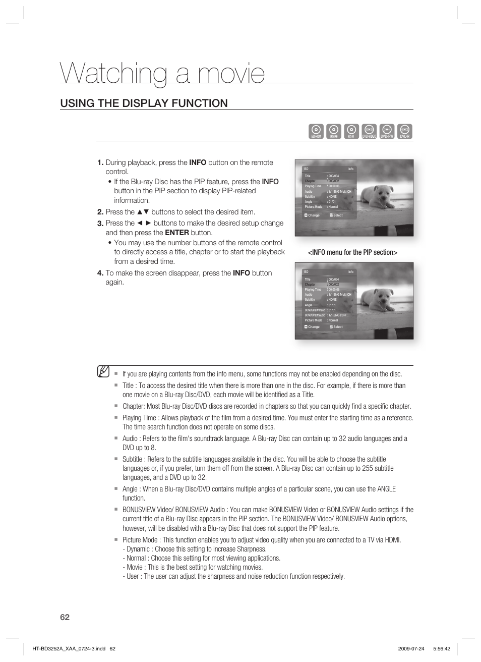 Watching a movie, Hgfzcv, Using the display function | Samsung HT-BD3252T-XAA User Manual | Page 62 / 103