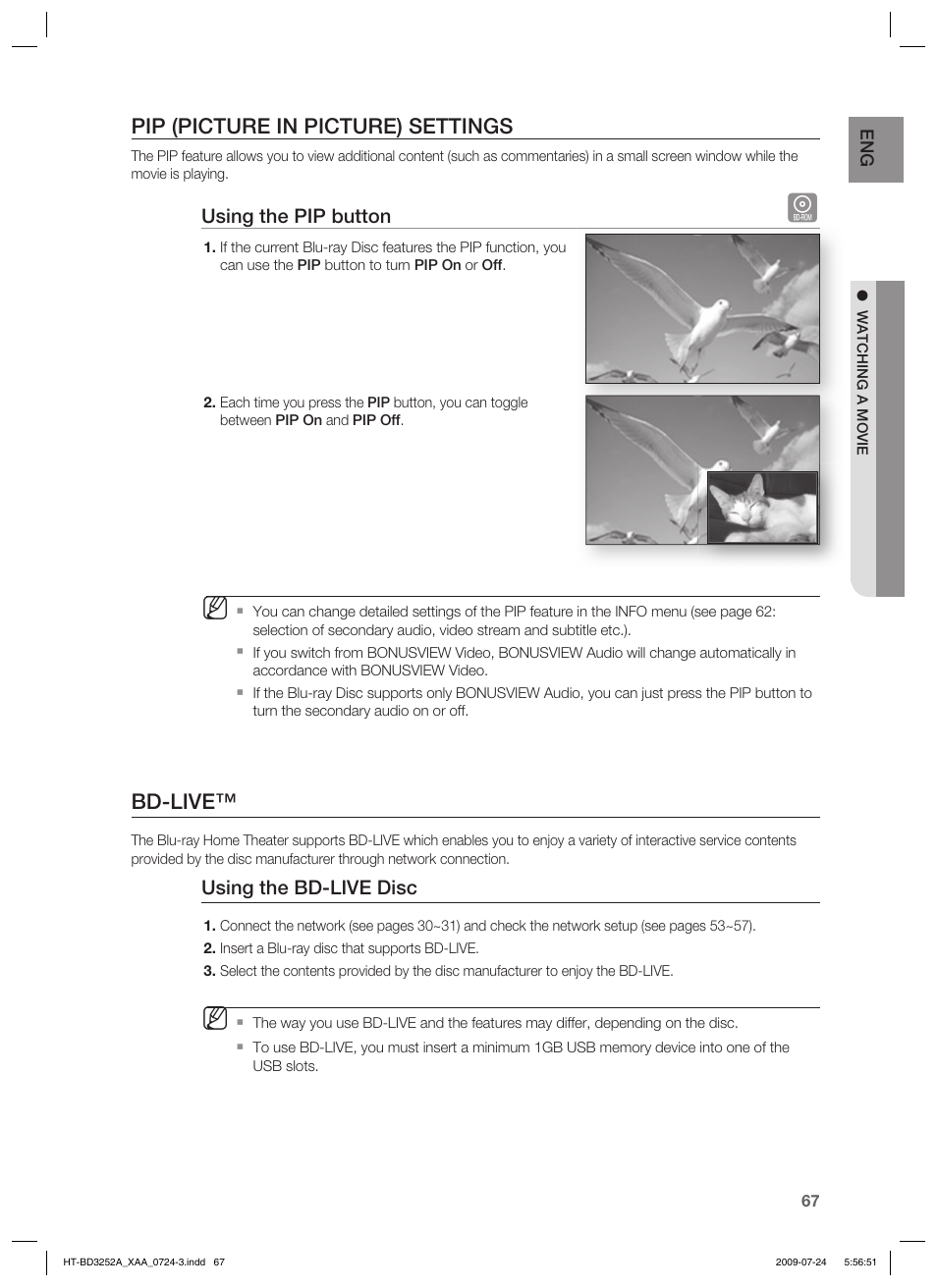Pip (picture in picture) settings, Bd-live | Samsung HT-BD3252T-XAA User Manual | Page 67 / 103