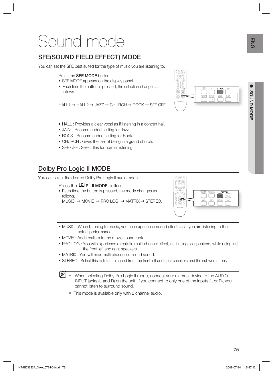 Sound mode, Sfe(sound field effect) mode, Dolby pro logic ii mode | Samsung HT-BD3252T-XAA User Manual | Page 75 / 103