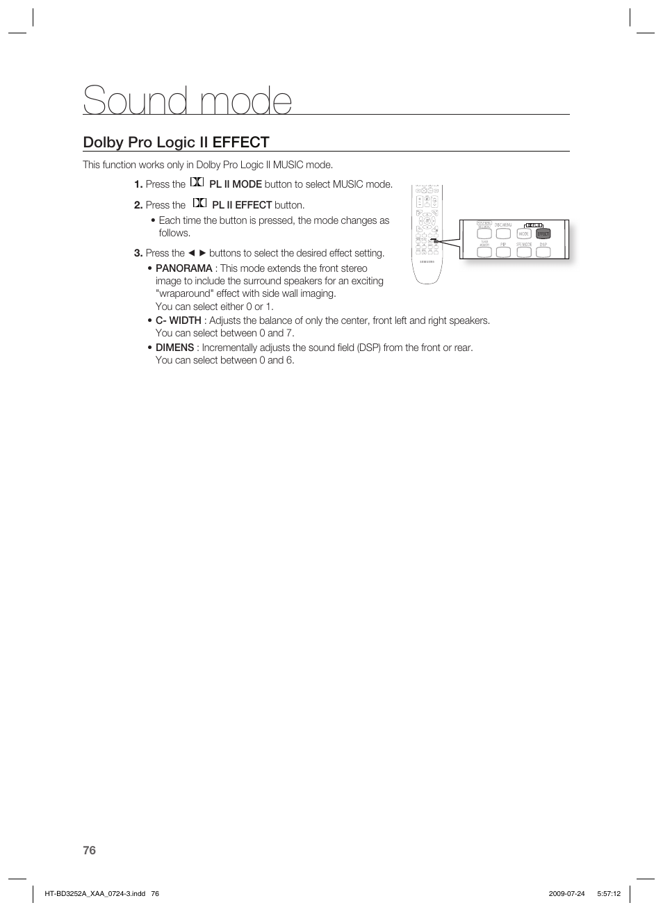 Sound mode, Dolby pro logic ii effect | Samsung HT-BD3252T-XAA User Manual | Page 76 / 103