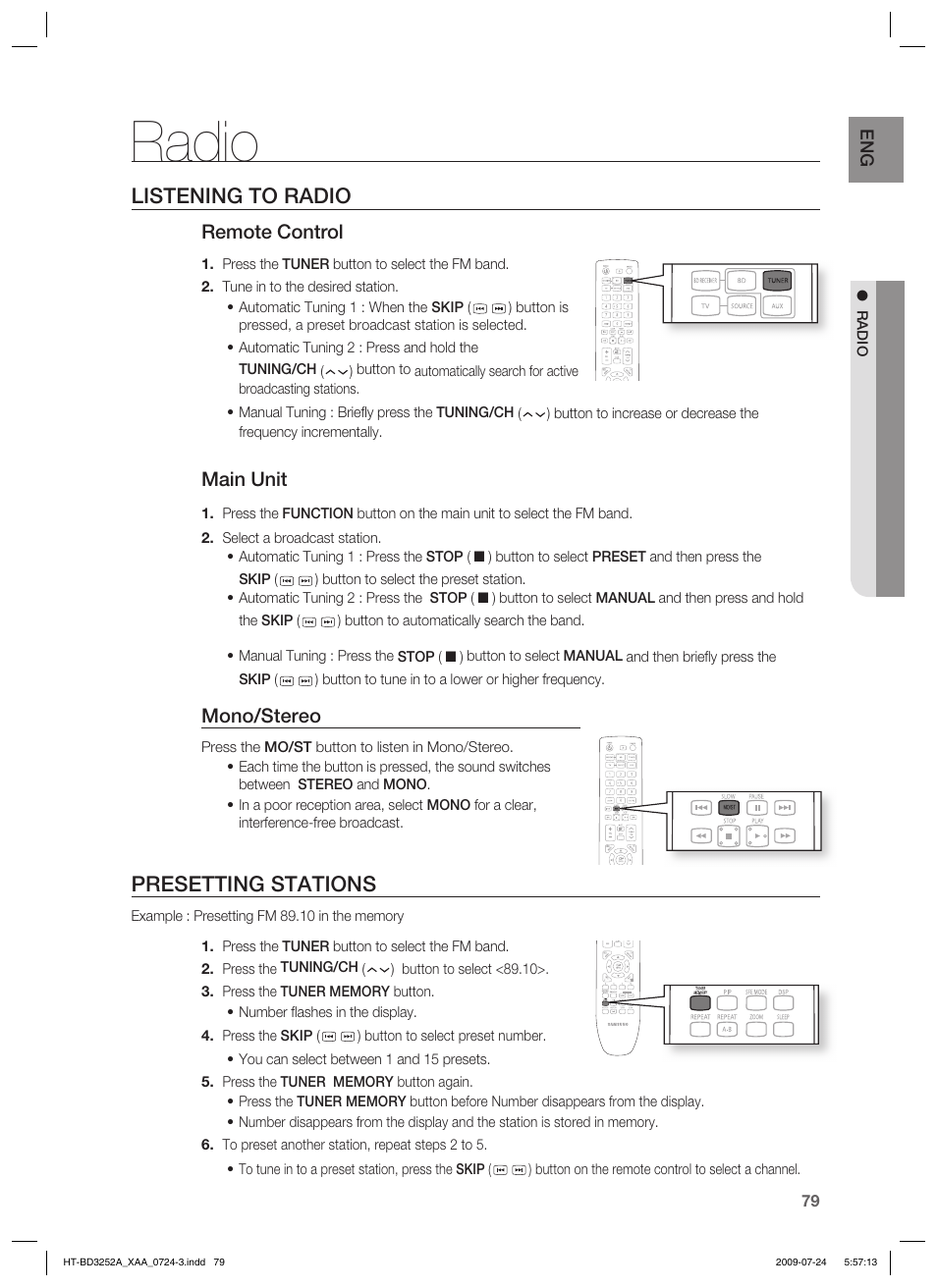 Radio, Listening to radio, Presetting stations | Remote control, Main unit, Mono/stereo | Samsung HT-BD3252T-XAA User Manual | Page 79 / 103