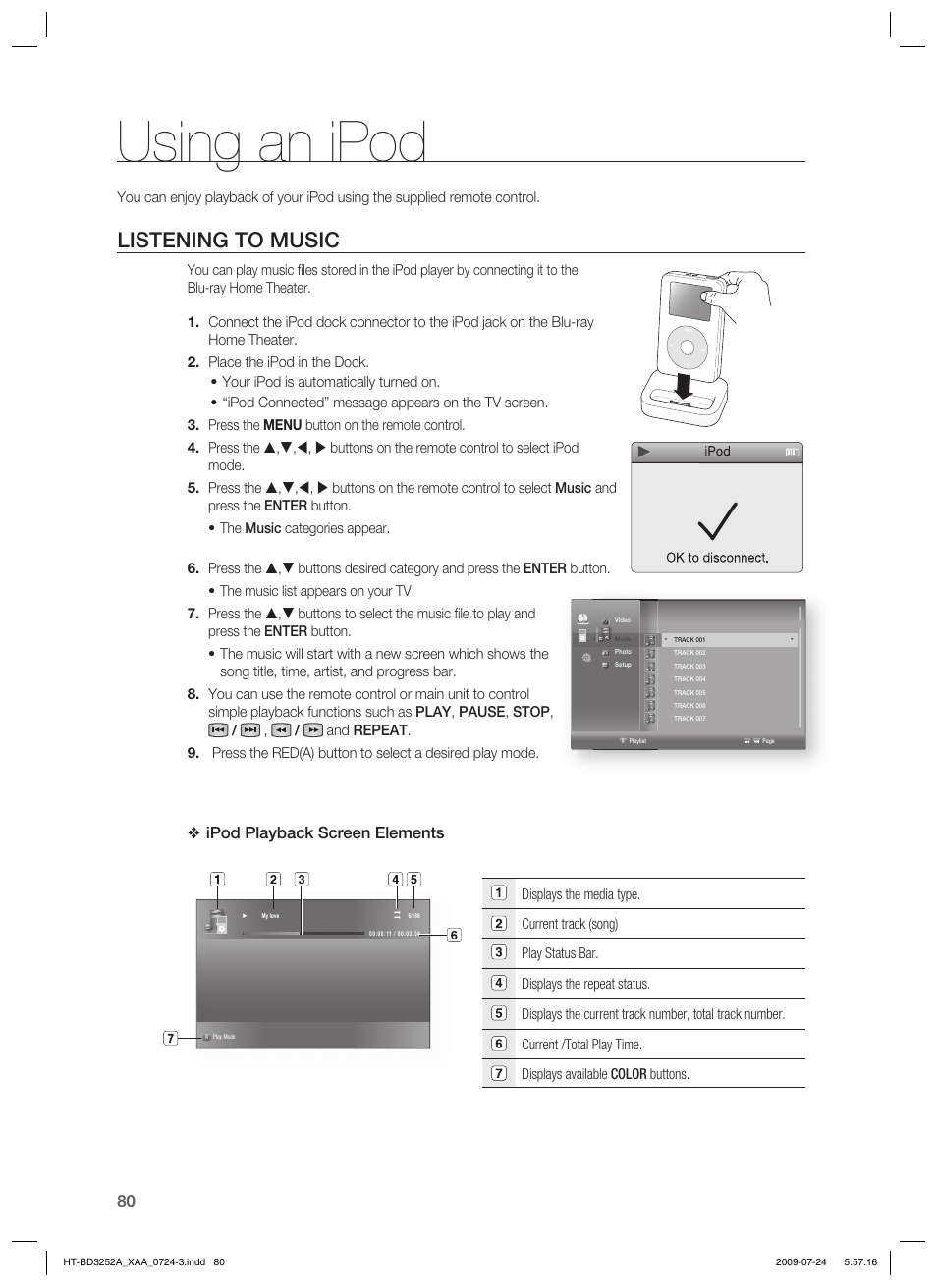 Using an ipod, Listening to music, Ipod playback screen elements | Samsung HT-BD3252T-XAA User Manual | Page 80 / 103