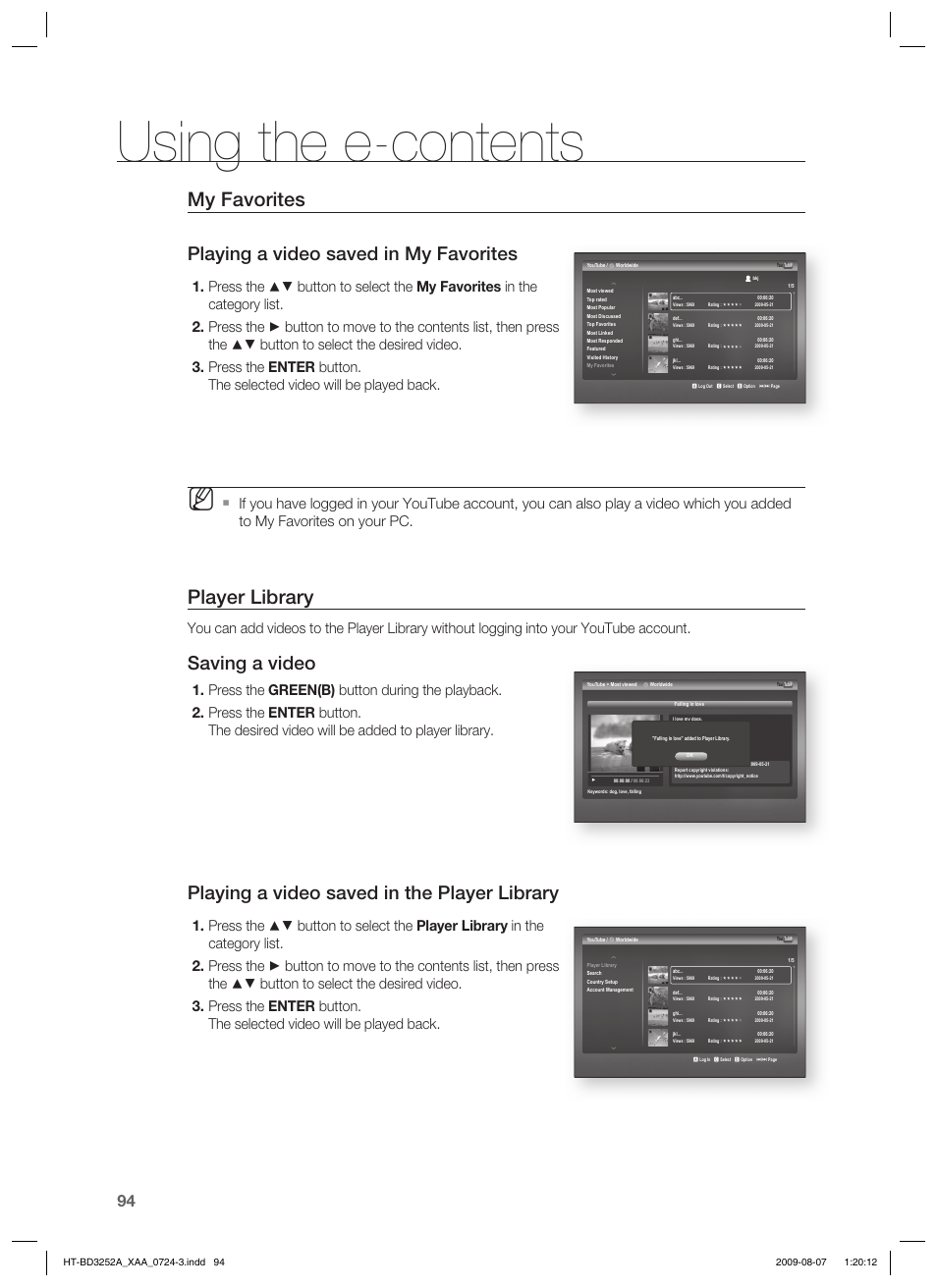 Using the e-contents, My favorites, Player library | Playing a video saved in my favorites, Saving a video, Playing a video saved in the player library | Samsung HT-BD3252T-XAA User Manual | Page 94 / 103