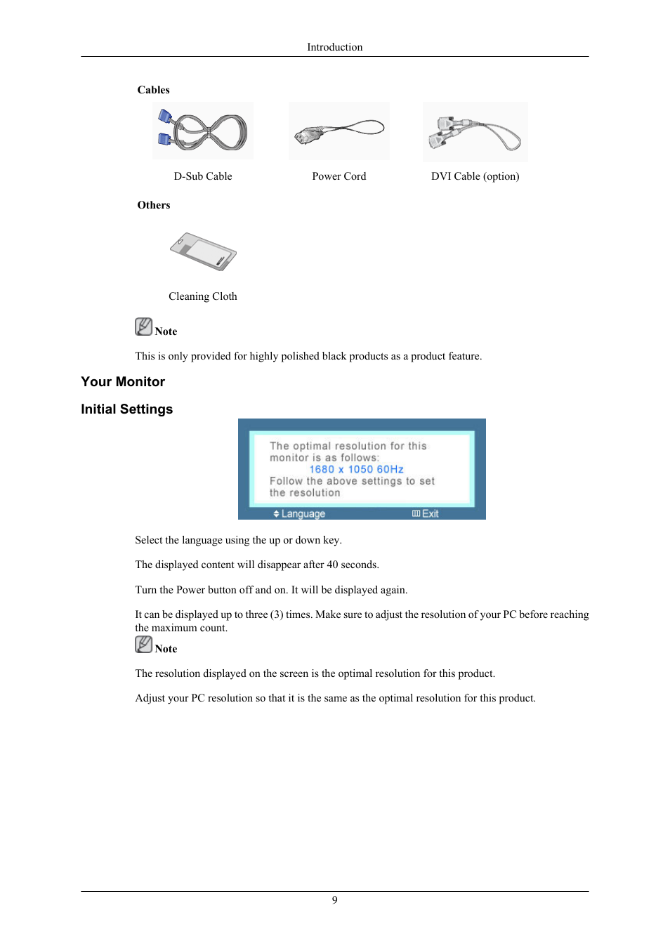 Your monitor, Initial settings | Samsung LS20MYKRFV-XAA User Manual | Page 10 / 79