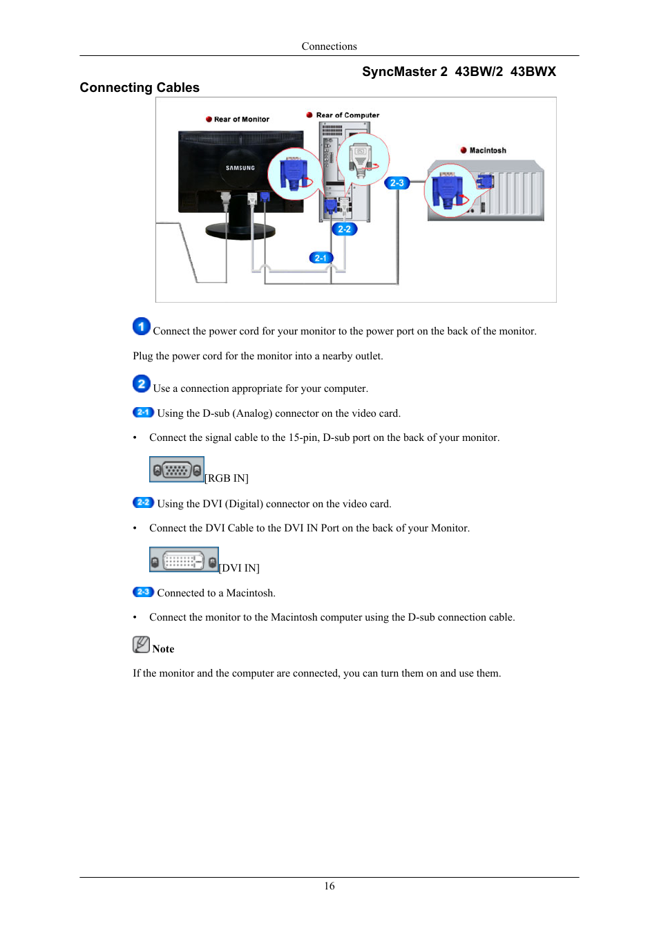 2243bw, Connecting cables | Samsung LS20MYKRFV-XAA User Manual | Page 17 / 79