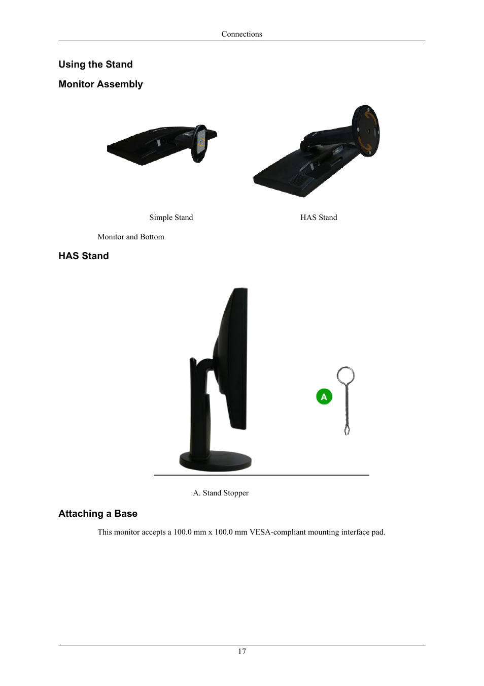 Using the stand, Monitor assembly, Has stand | Attaching a base | Samsung LS20MYKRFV-XAA User Manual | Page 18 / 79