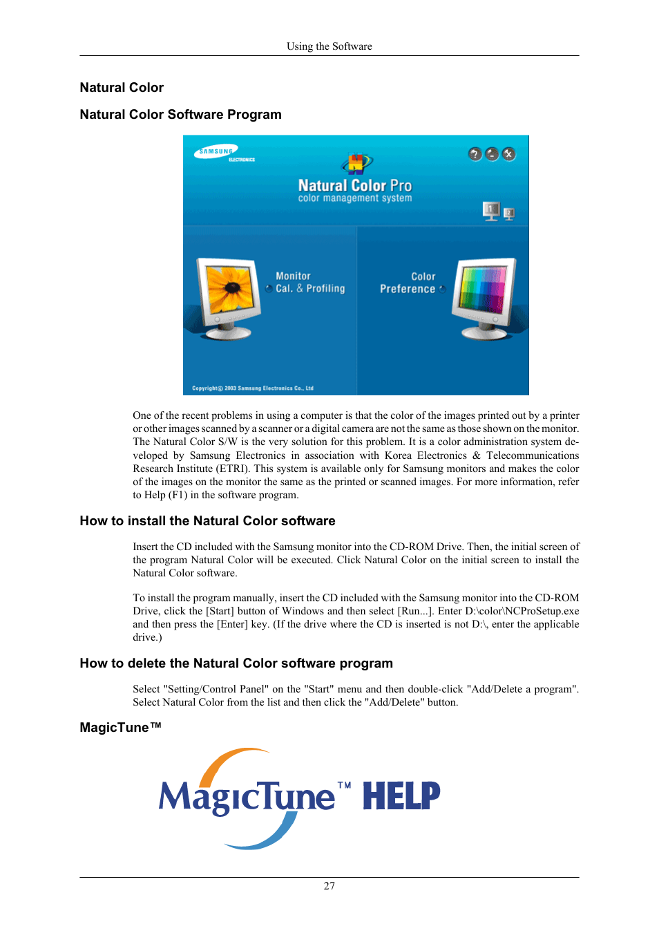 Natural color, Natural color software program, How to install the natural color software | How to delete the natural color software program, Magictune | Samsung LS20MYKRFV-XAA User Manual | Page 28 / 79