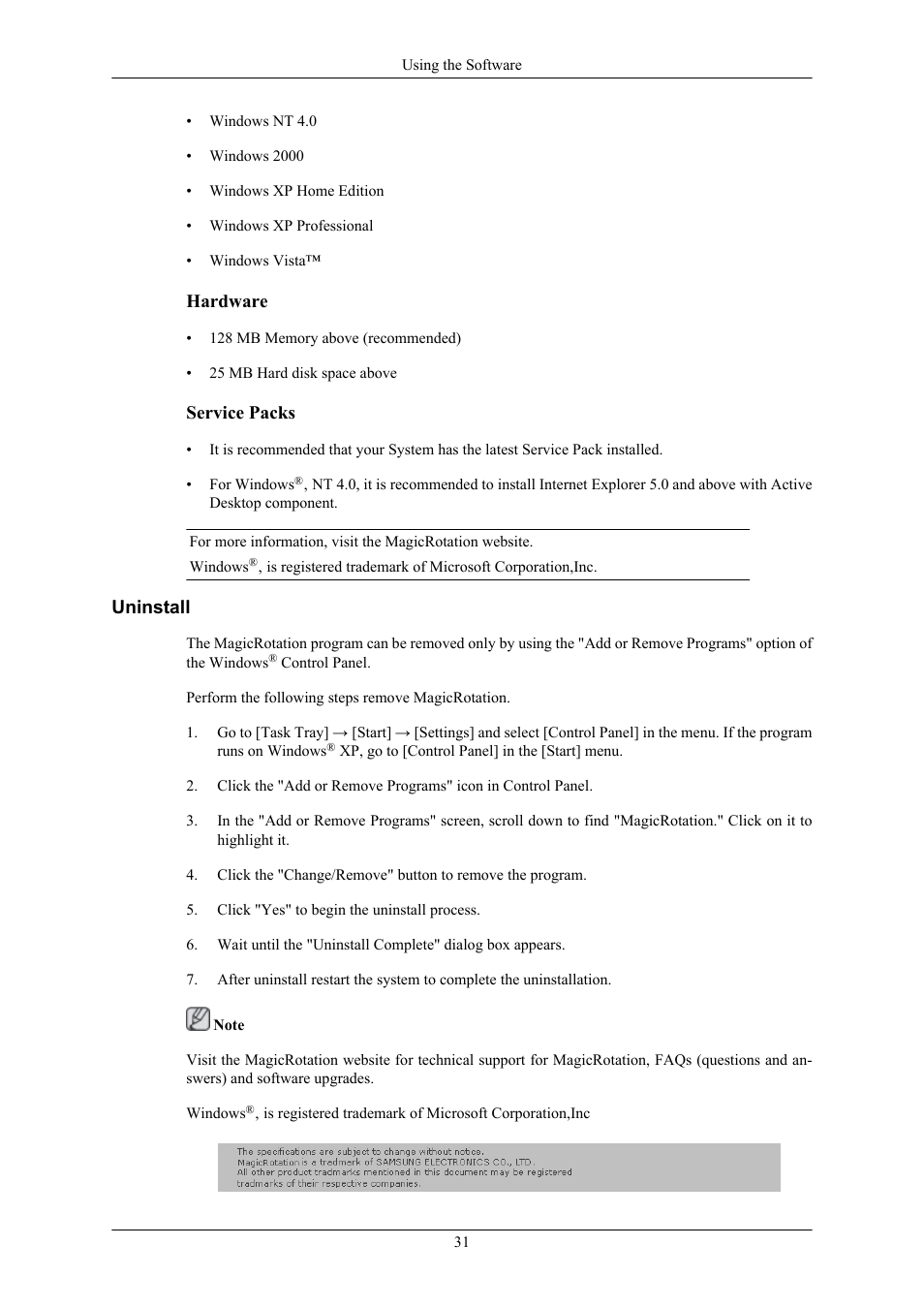 Uninstall | Samsung LS20MYKRFV-XAA User Manual | Page 32 / 79