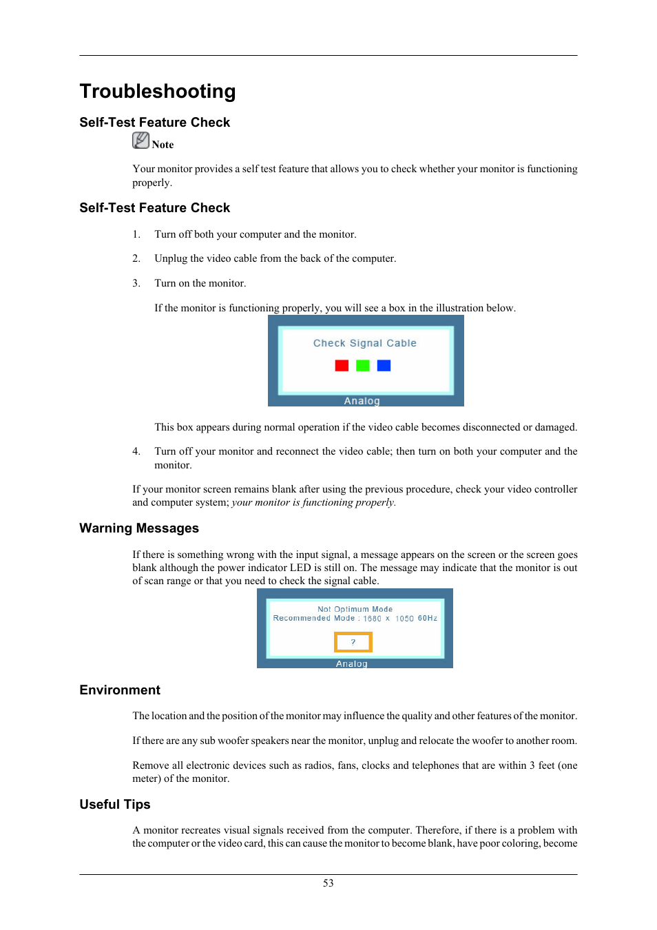 Troubleshooting, Self-test feature check, Warning messages | Environment, Useful tips | Samsung LS20MYKRFV-XAA User Manual | Page 54 / 79