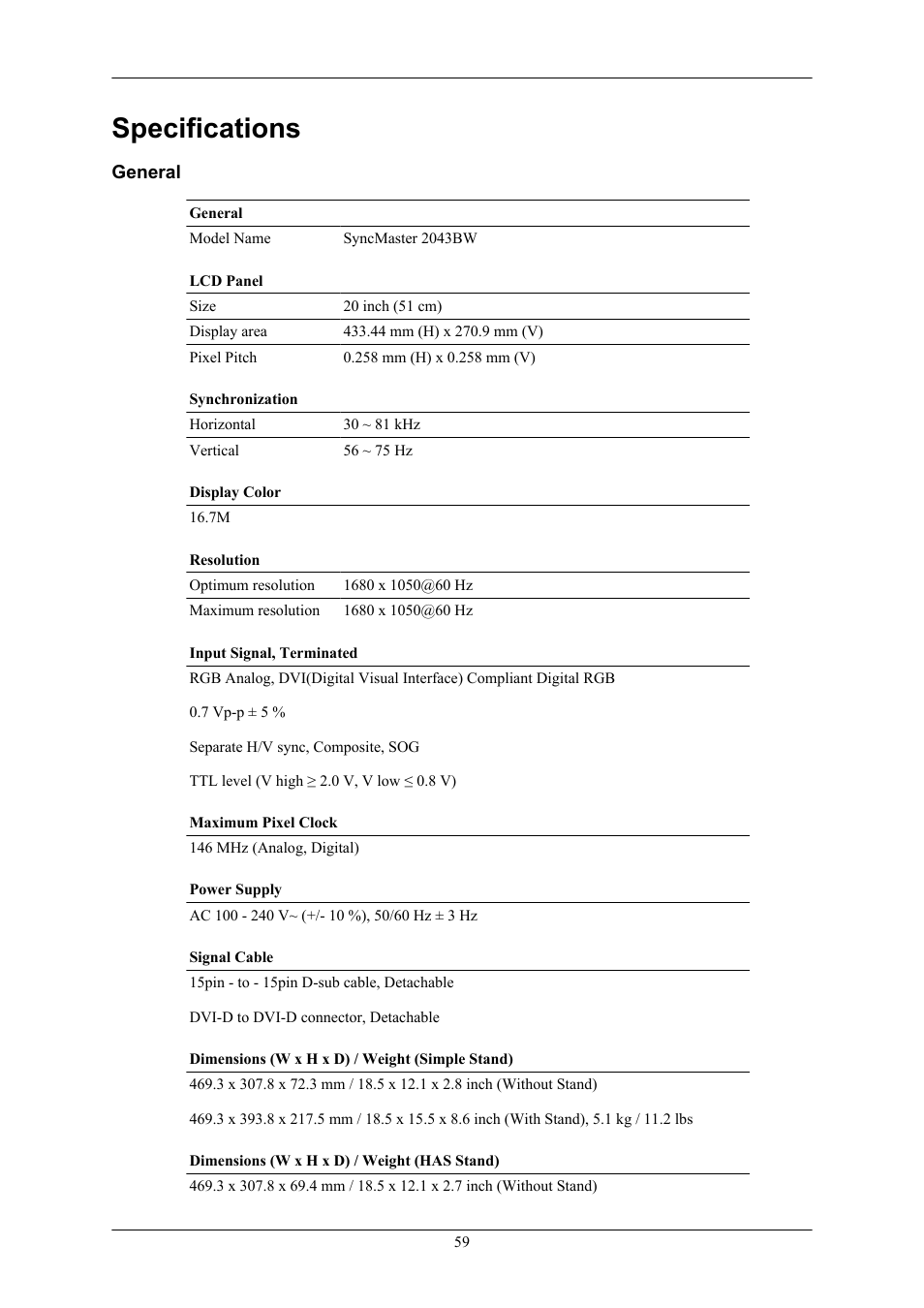 Specifications, 2043bw, General | Samsung LS20MYKRFV-XAA User Manual | Page 60 / 79