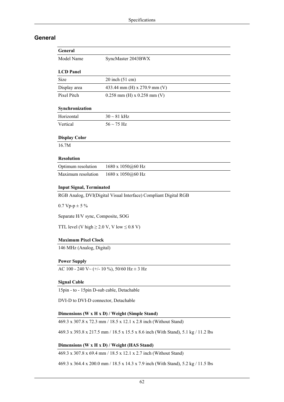 2043bwx, General | Samsung LS20MYKRFV-XAA User Manual | Page 63 / 79