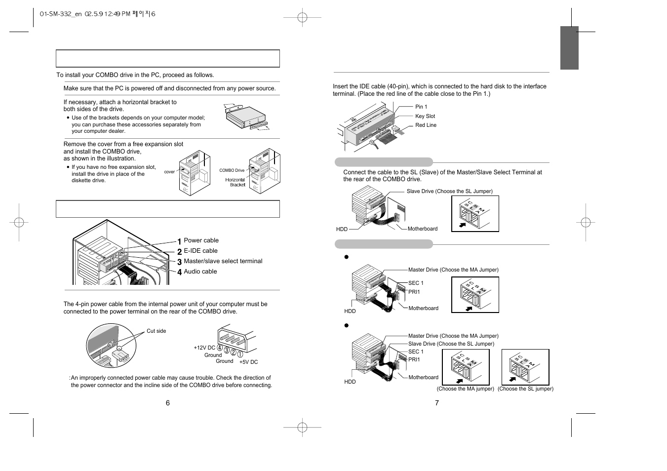 Setup, Installing the combo drive connecting the cables | Samsung SM-332BRNS User Manual | Page 4 / 10