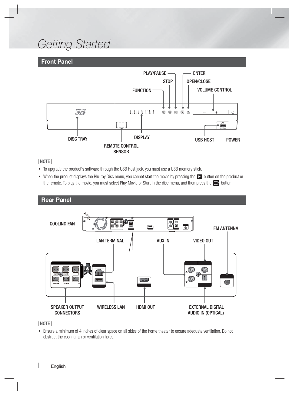 Front panel, Rear panel, Getting started | Samsung HT-E4500-ZA User Manual | Page 12 / 59