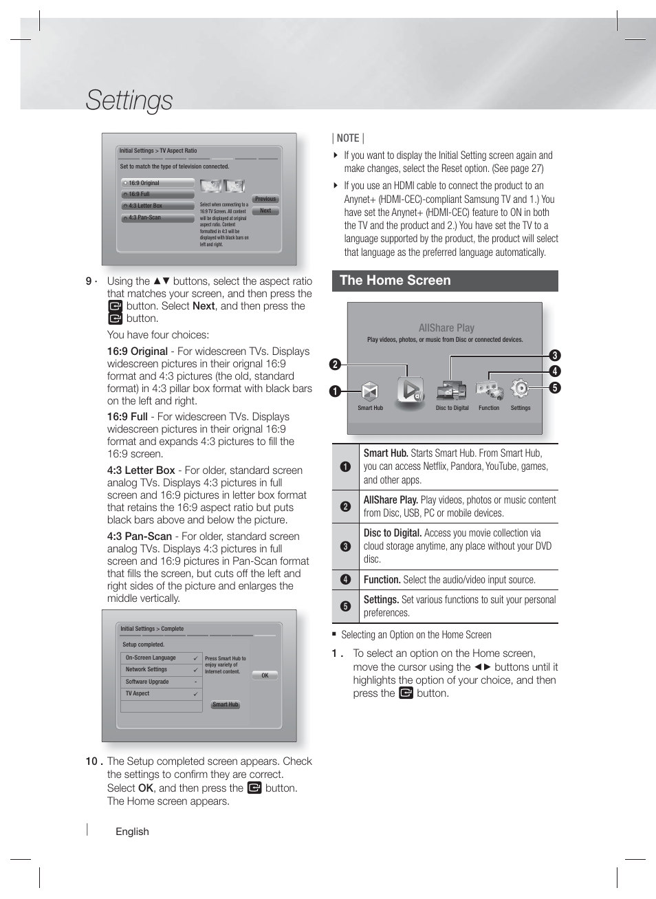 The home screen, Settings | Samsung HT-E4500-ZA User Manual | Page 22 / 59