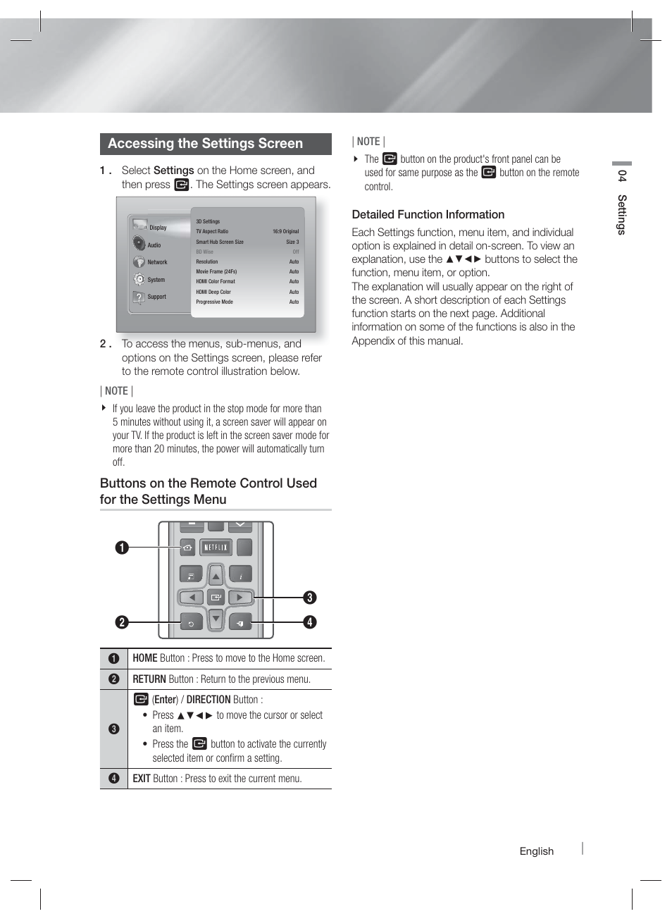 Accessing the settings screen, Detailed function information | Samsung HT-E4500-ZA User Manual | Page 23 / 59
