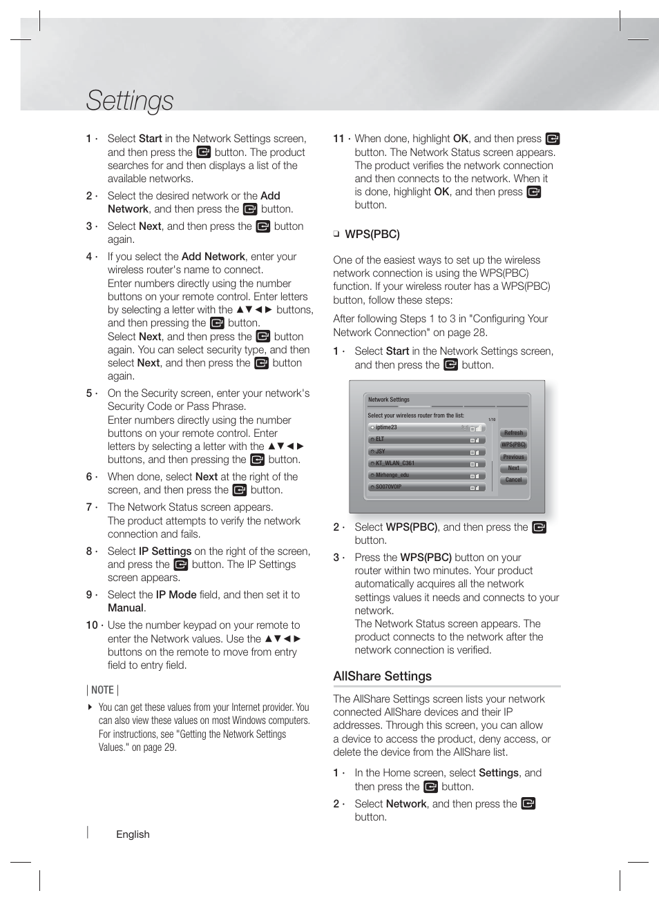 Settings, Allshare settings | Samsung HT-E4500-ZA User Manual | Page 30 / 59