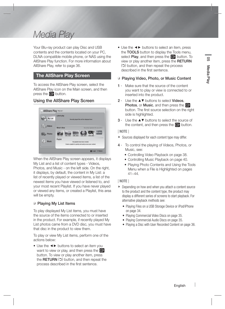 Media play, The allshare play screen, Using the allshare play screen | Playing my list items, Playing video, photo, or music content | Samsung HT-E4500-ZA User Manual | Page 33 / 59