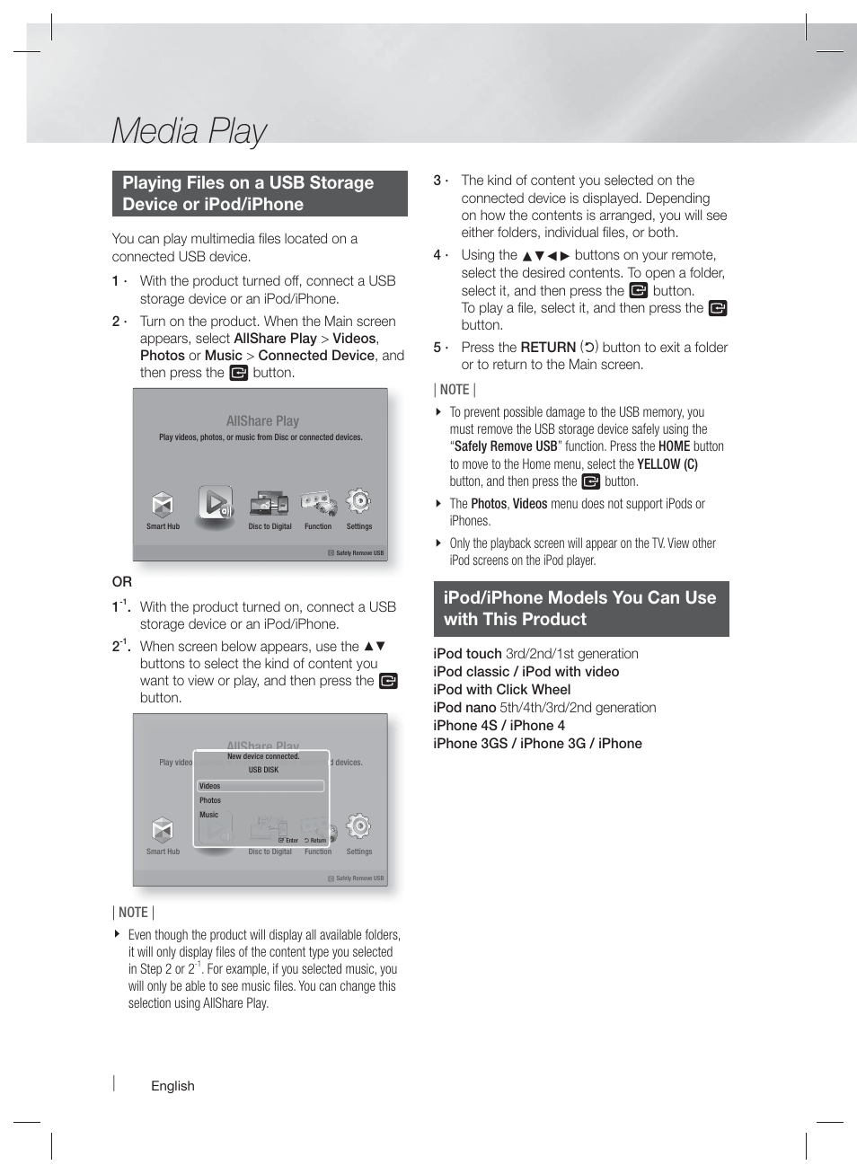Ipod/iphone models you can usewith this product, Media play, Ipod/iphone models you can use with this product | Samsung HT-E4500-ZA User Manual | Page 34 / 59