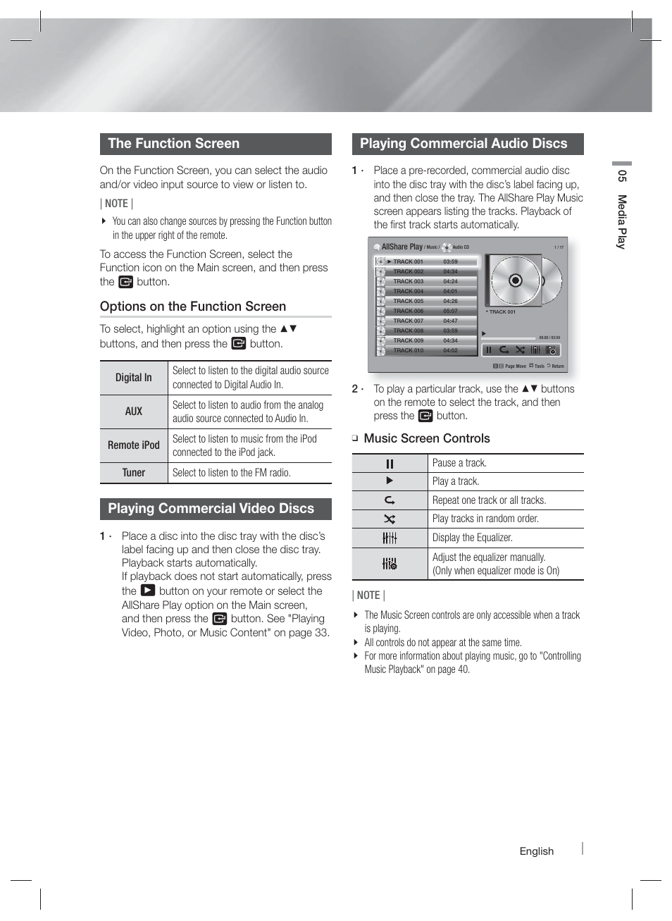 The function screen, Playing commercial video discs, Playing commercial audio discs | Options on the function screen, Music screen controls | Samsung HT-E4500-ZA User Manual | Page 35 / 59