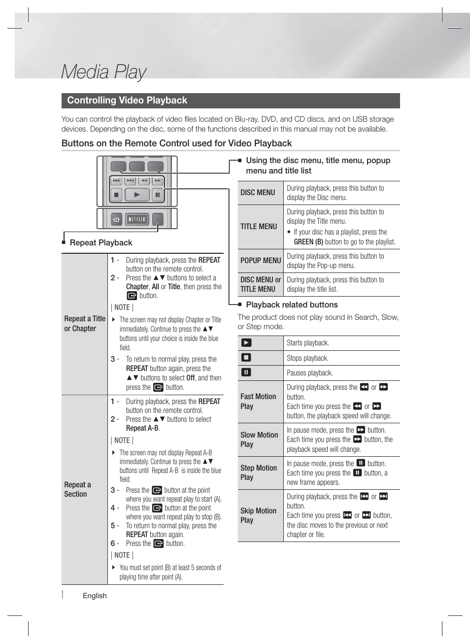 Controlling video playback, Media play | Samsung HT-E4500-ZA User Manual | Page 38 / 59