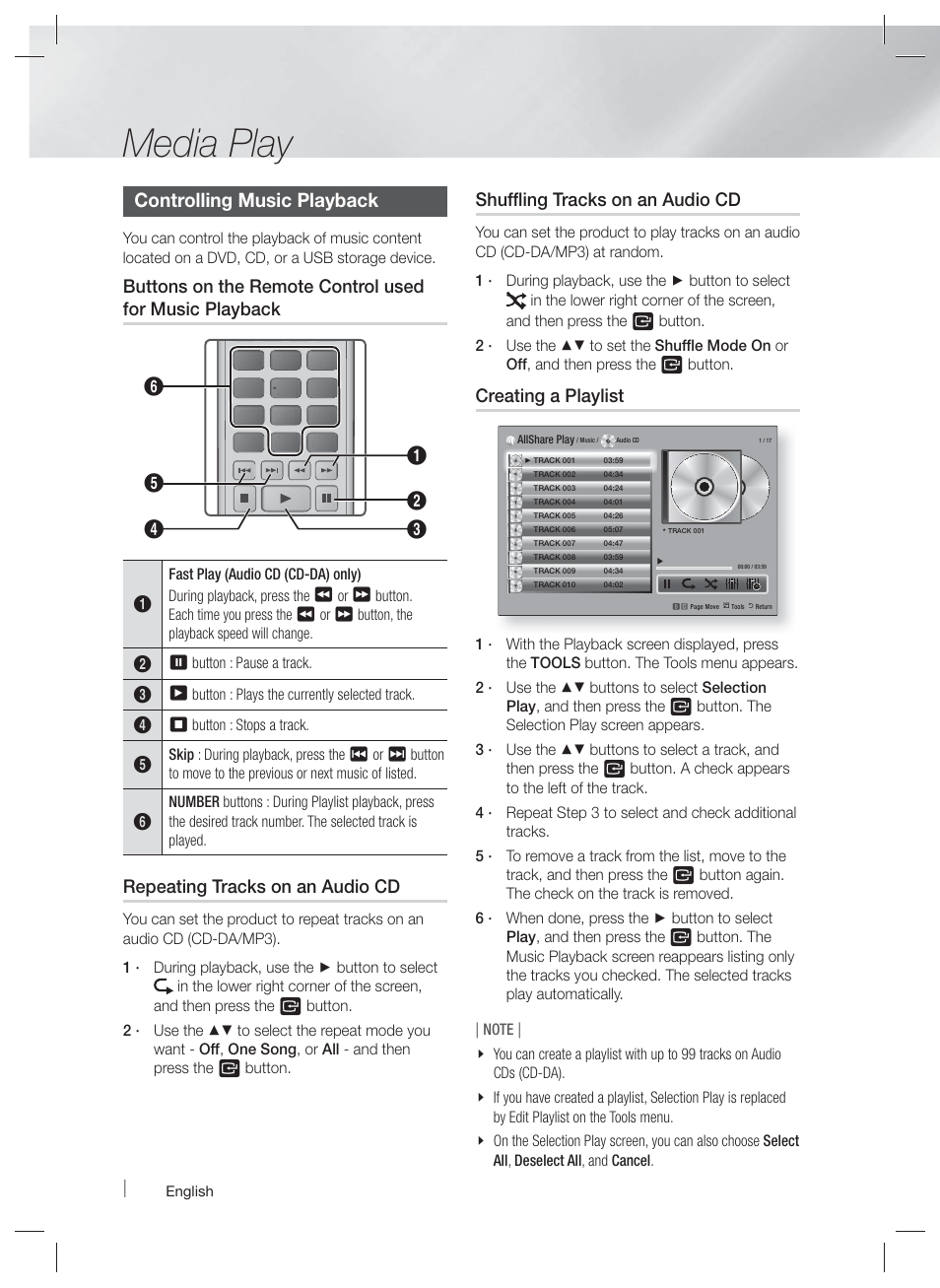 Controlling music playback, Media play, Repeating tracks on an audio cd | Shuffling tracks on an audio cd, Creating a playlist | Samsung HT-E4500-ZA User Manual | Page 40 / 59