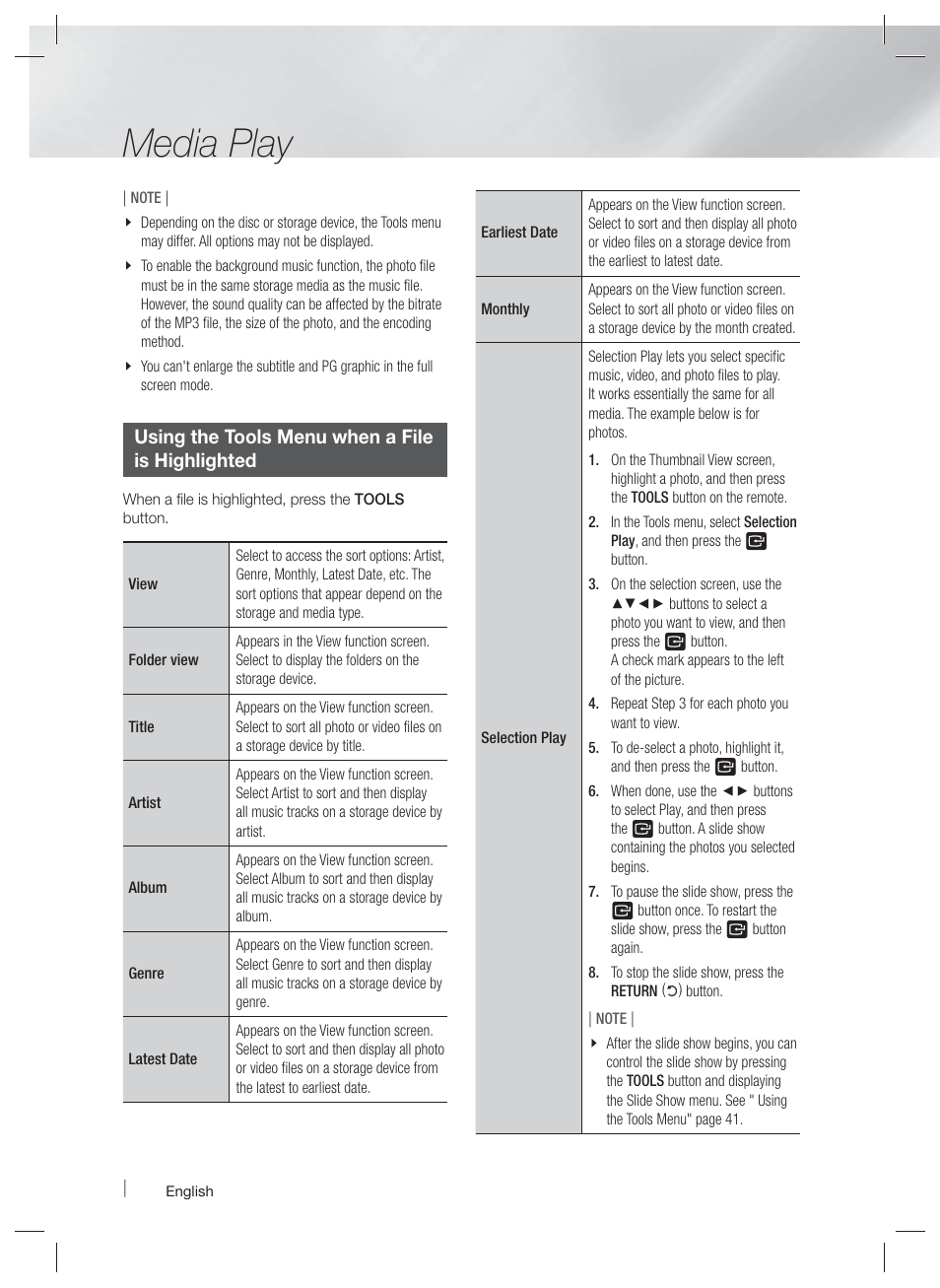 Using the tools menu when a fileis highlighted, Media play | Samsung HT-E4500-ZA User Manual | Page 42 / 59