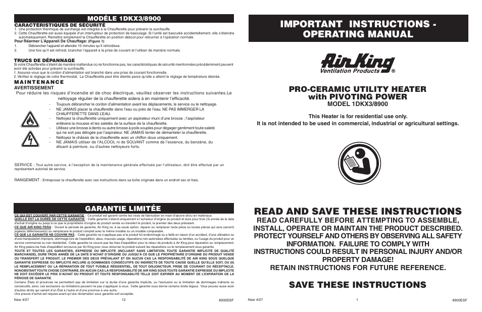 Air King 1DKX3/8900 User Manual | 6 pages