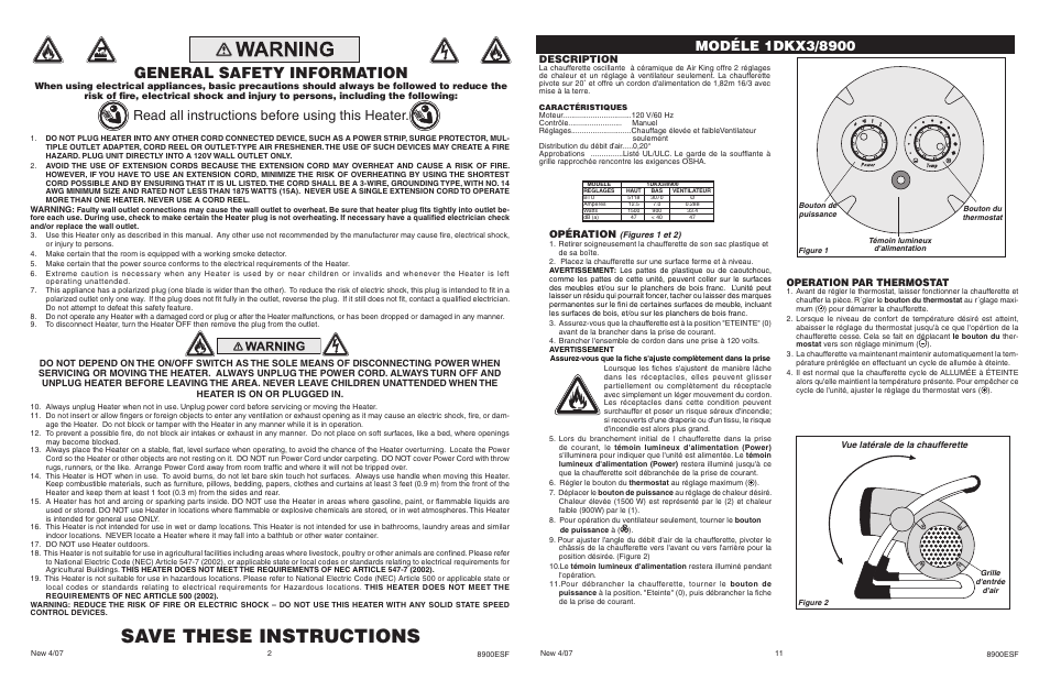 Save these instructions, General safety information, Read all instructions before using this heater | Opération, Description, Operation par thermostat | Air King 1DKX3/8900 User Manual | Page 2 / 6