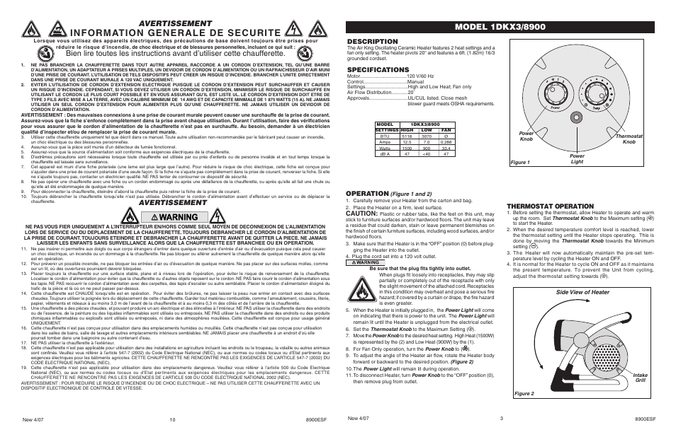 Information generale de securite, Avertissement, Operation | Caution, Thermostat operation, Description, Specifications | Air King 1DKX3/8900 User Manual | Page 3 / 6