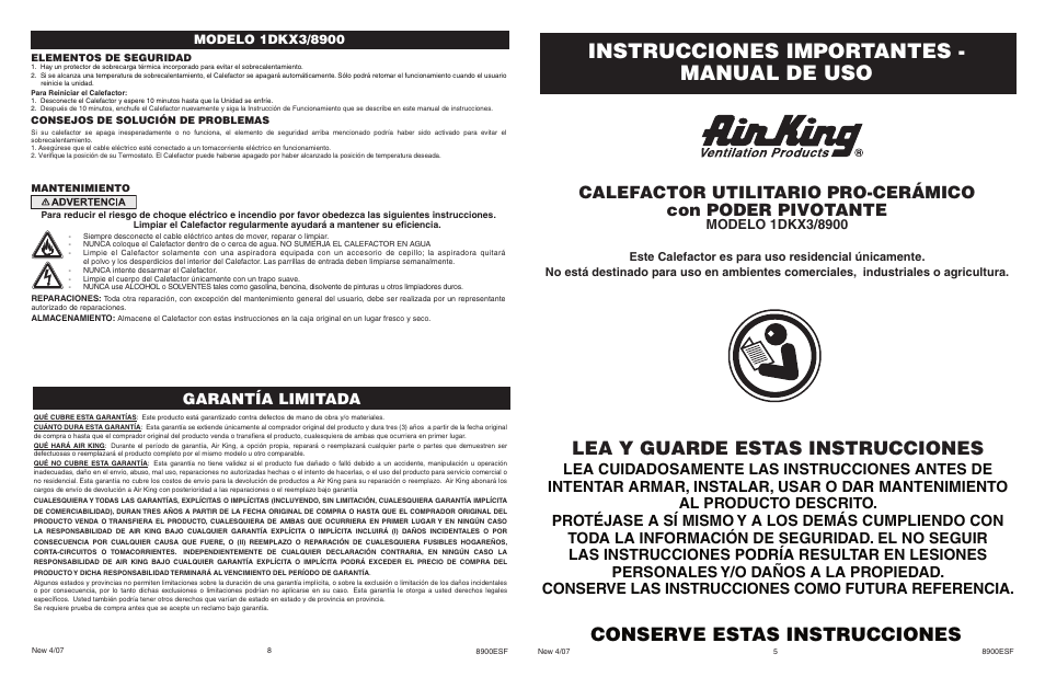Instrucciones importantes - manual de uso, Lea y guarde estas instrucciones, Conserve estas instrucciones | Garantía limitada | Air King 1DKX3/8900 User Manual | Page 5 / 6